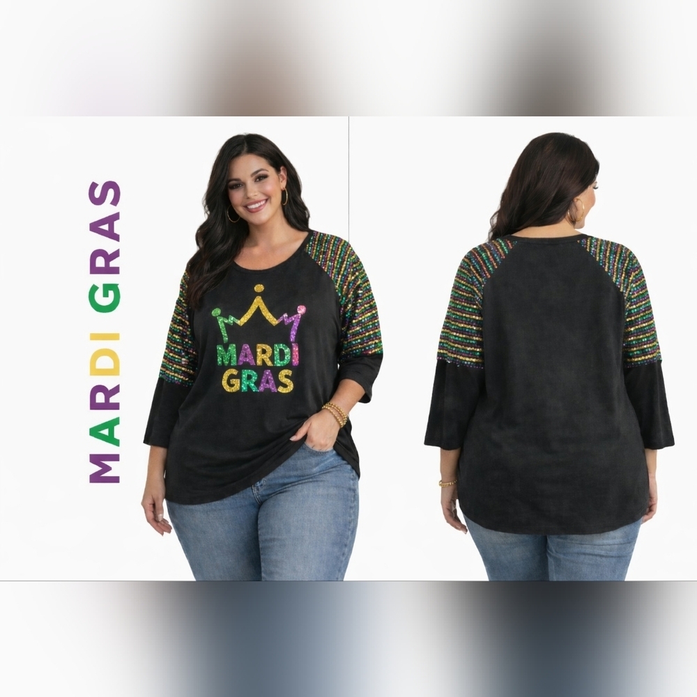 Mardi Gras Sequin Raglan Sleeve Black Sweater Size 18/20W Festival Parade
